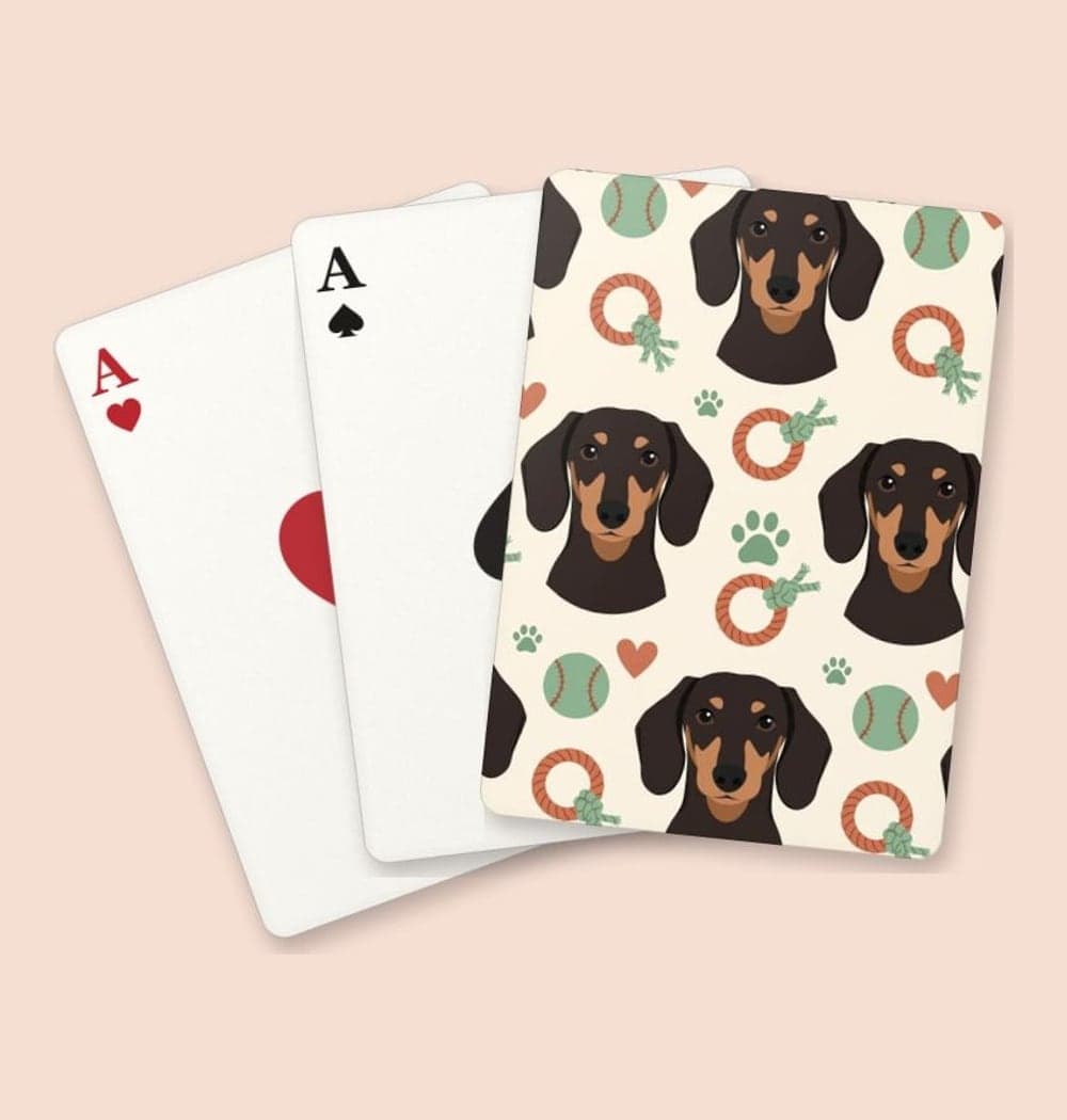 A seamless pattern of simplified portraits of the pet, interspersed with paw prints, favorite toys, and small hearts, on playing cards (example made with AI)