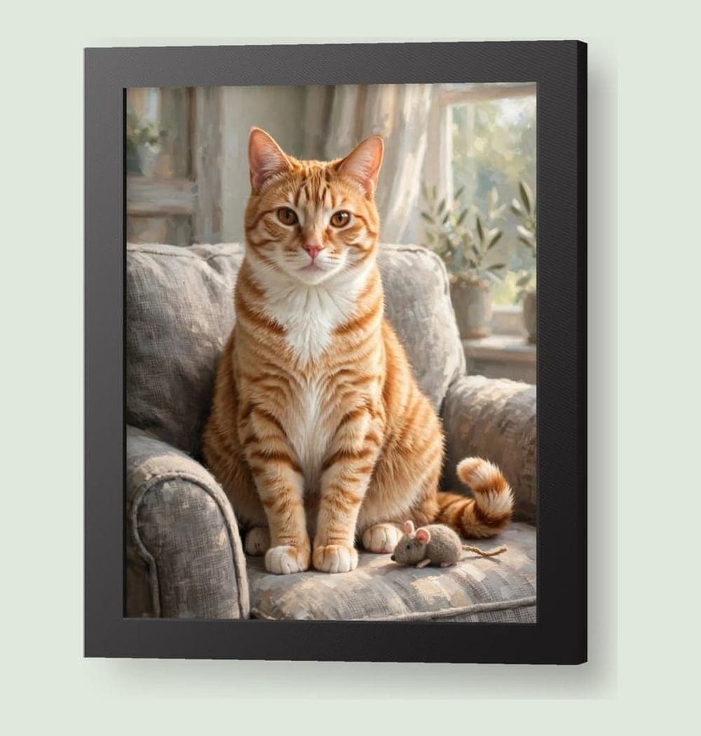 A tender portrait of the pet resting in their favorite place, preserving their face, markings, and characteristic posture, on a framed print (example made with AI)