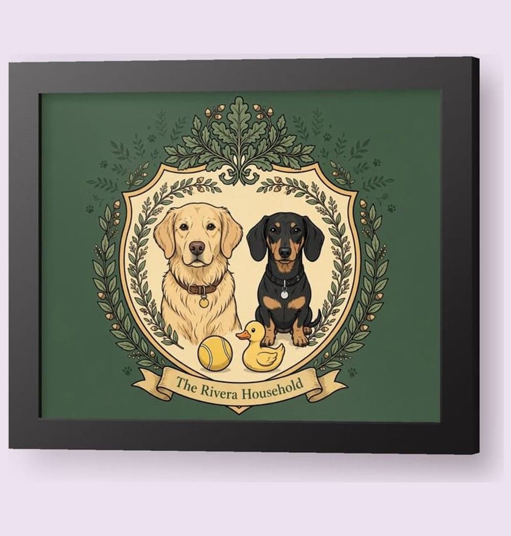 An original heraldic crest featuring the pets, their favorite toys, and a small leafy border, on a framed print (example made with AI)