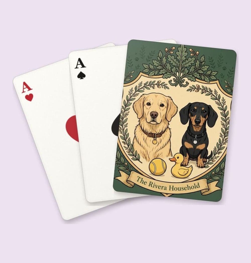 An original heraldic crest featuring the pets, their favorite toys, and a small leafy border, on playing cards (example made with AI)