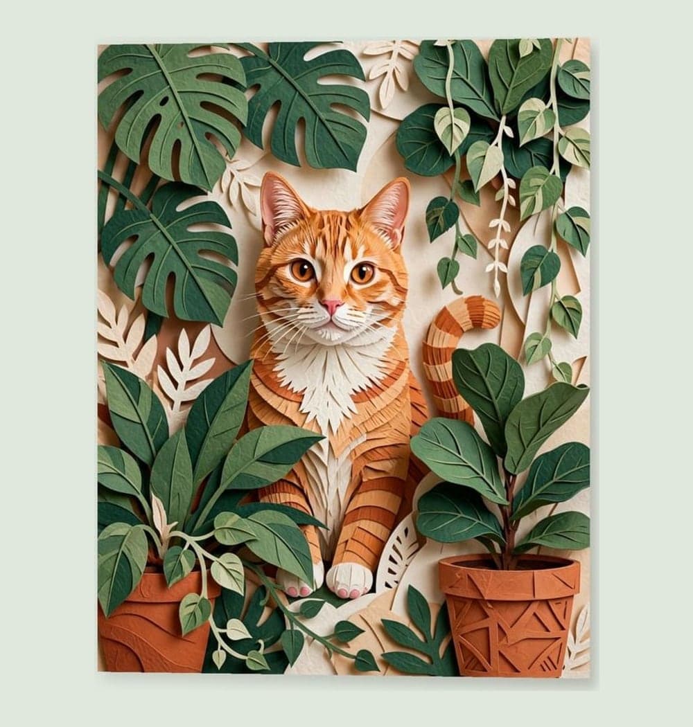 The cat exploring an indoor jungle of oversized houseplants, with their familiar markings visible between the leaves, on a matte poster (example made with AI)
