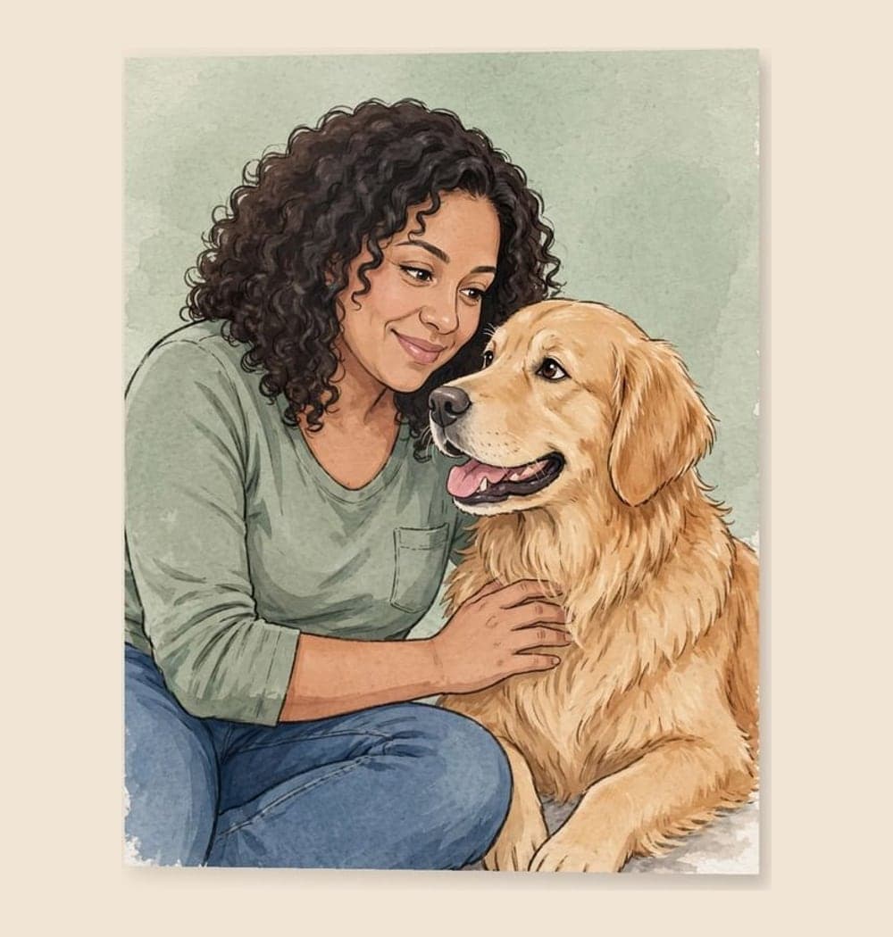 A warm illustrated portrait of the person and pet in the photos sitting together at eye level, gently leaning toward each other, on a photo print (example made with AI)