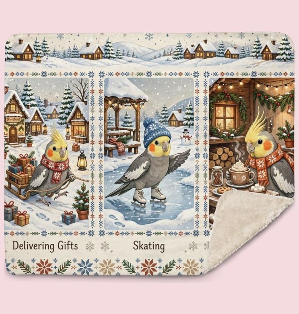 A snowy miniature village inhabited by versions of the pet: delivering gifts, skating, and sipping cocoa, on a blanket (example made with AI)