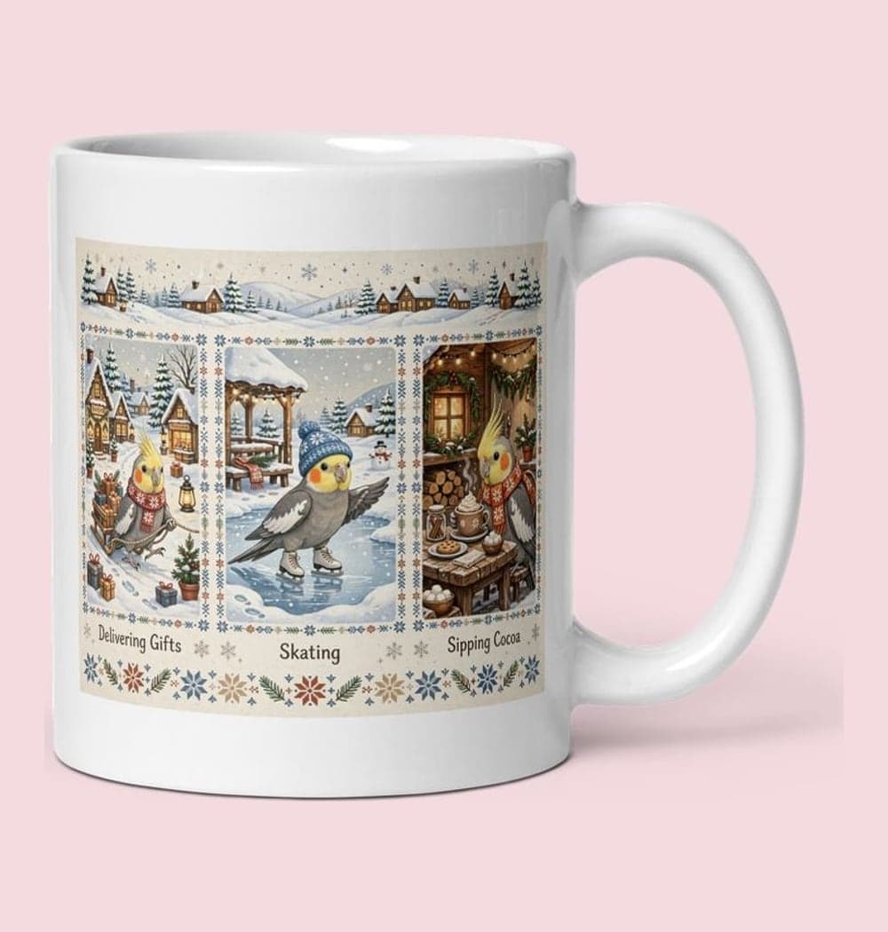 A snowy miniature village inhabited by versions of the pet: delivering gifts, skating, and sipping cocoa, on a mug (example made with AI)