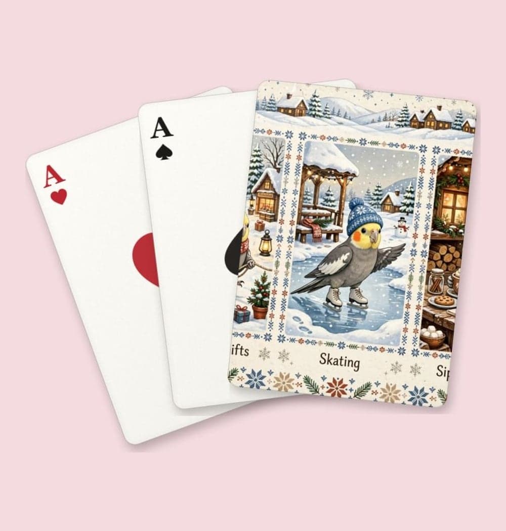 A snowy miniature village inhabited by versions of the pet: delivering gifts, skating, and sipping cocoa, on playing cards (example made with AI)