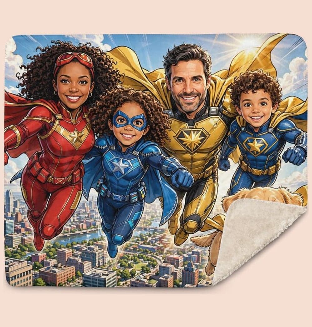 The family in the photos as a team of original superheroes, including any pets, on a blanket (example made with AI)