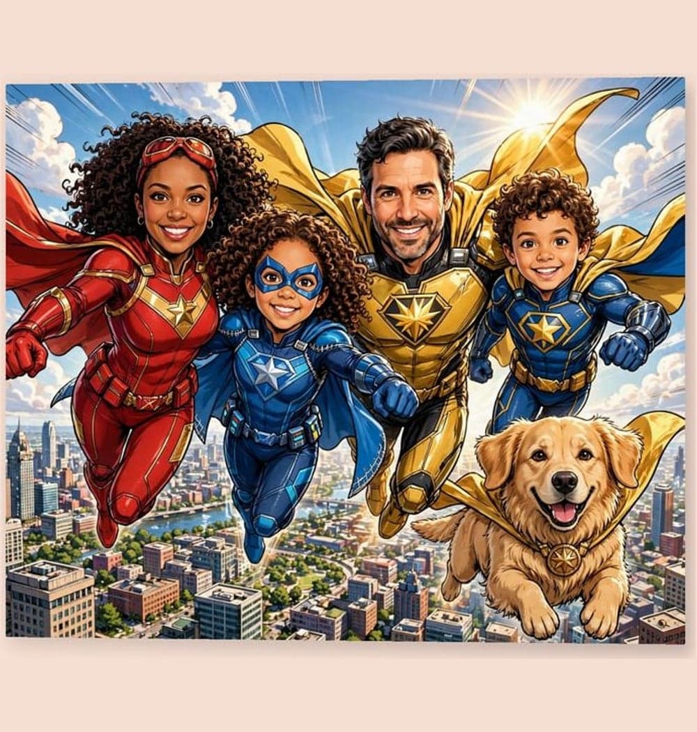 The family in the photos as a team of original superheroes, including any pets, on a matte poster (example made with AI)