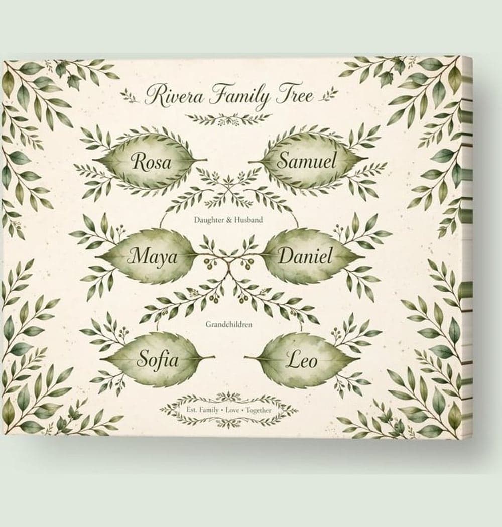 An elegant illustrated family tree with each supplied first name placed clearly inside a leaf or small branch plaque, on a canvas (example made with AI)