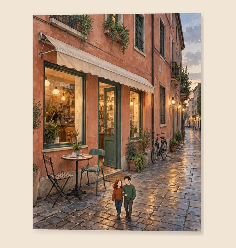 A romantic illustrated scene of the location where we met, using the reference photo or description, on a photo print (example made with AI)