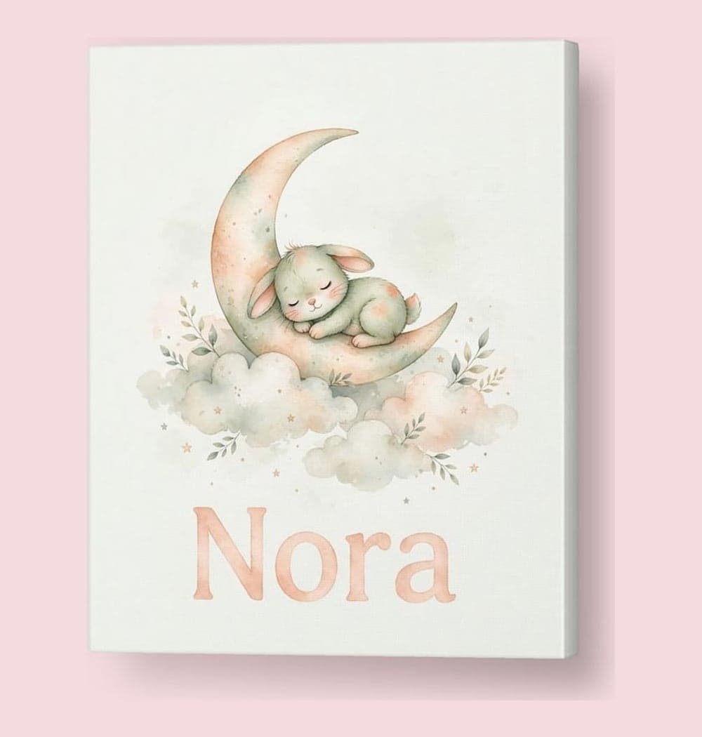 A gentle nursery illustration of a baby animal sleeping on a crescent moon above soft clouds, on a canvas (example made with AI)