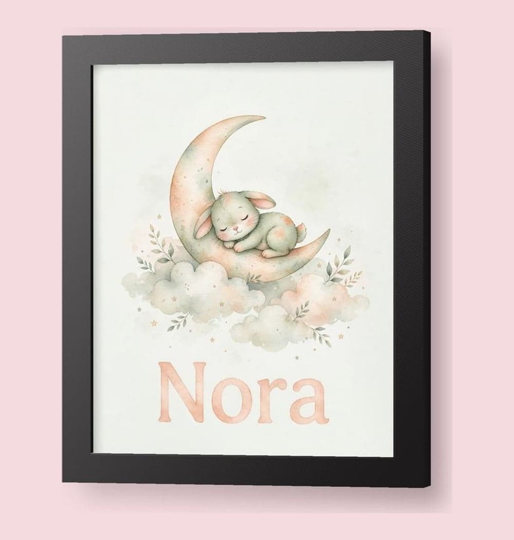 A gentle nursery illustration of a baby animal sleeping on a crescent moon above soft clouds, on a framed print (example made with AI)