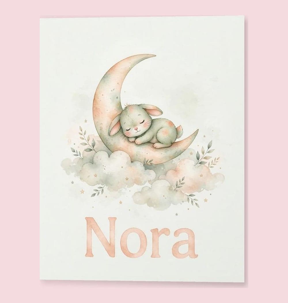 A gentle nursery illustration of a baby animal sleeping on a crescent moon above soft clouds, on a matte poster (example made with AI)