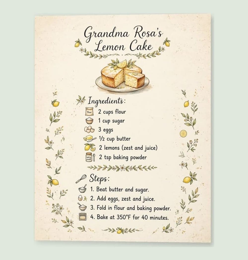 An elegant illustrated recipe print using the exact supplied recipe text, on a matte poster (example made with AI)