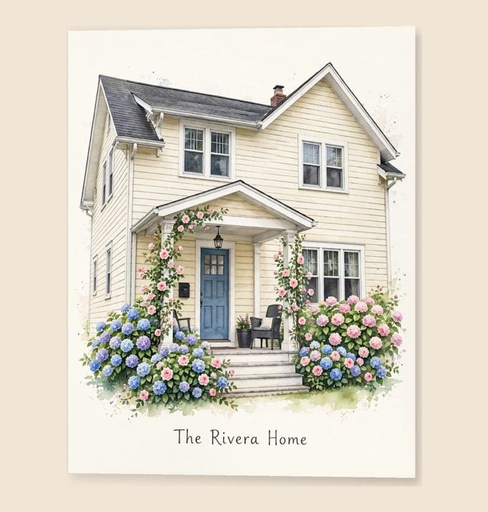 A charming watercolor portrait with seasonal flowers around the front door, on a photo print (example made with AI)