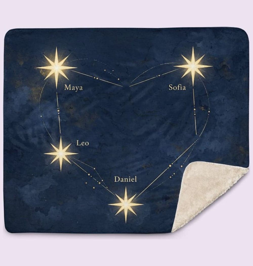 A decorative imaginary constellation with one bright star for each family member, connected in a graceful original shape, on a blanket (example made with AI)