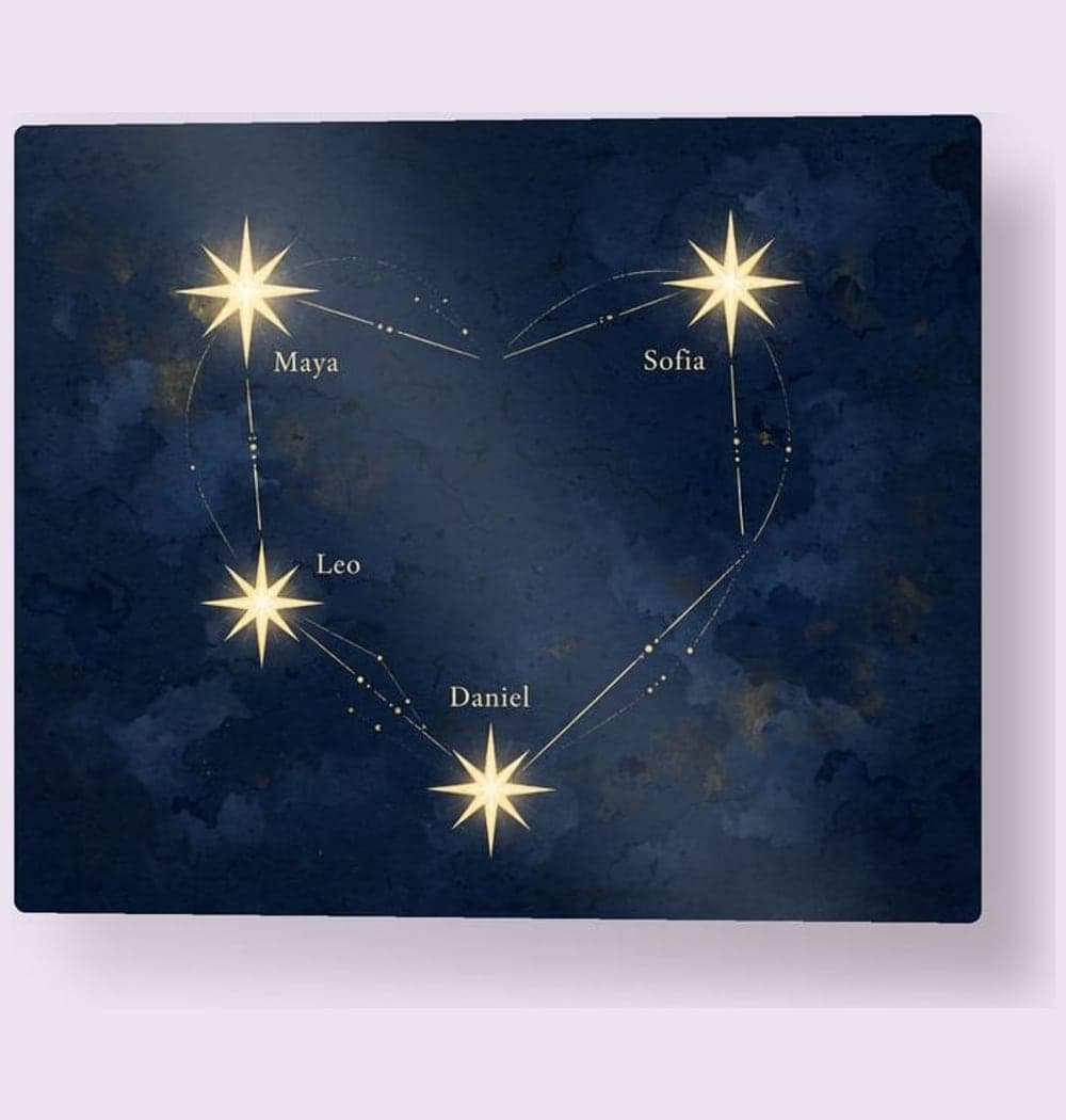 A decorative imaginary constellation with one bright star for each family member, connected in a graceful original shape, on a metal print (example made with AI)