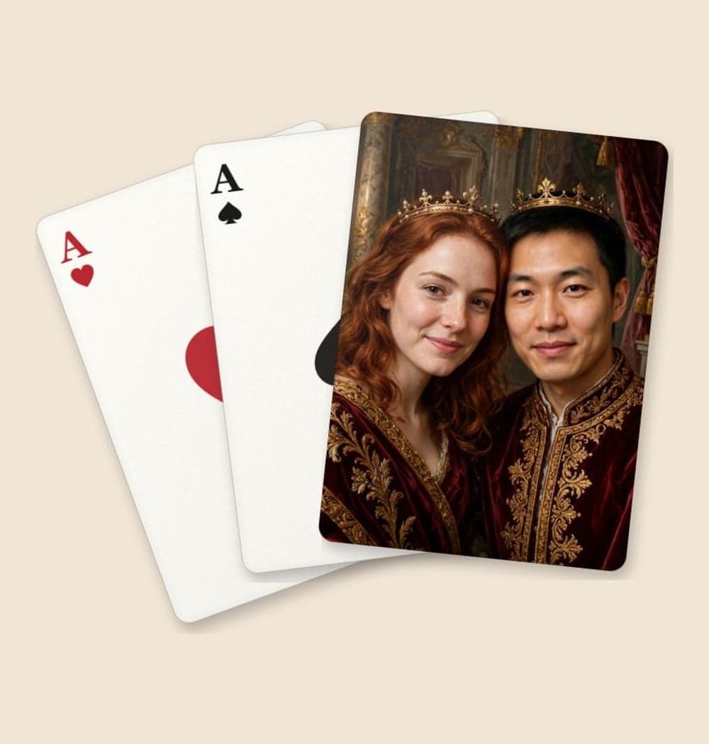 An ornate royal oil portrait with velvet robes, small crowns, and an elegant palace setting, on playing cards (example made with AI)
