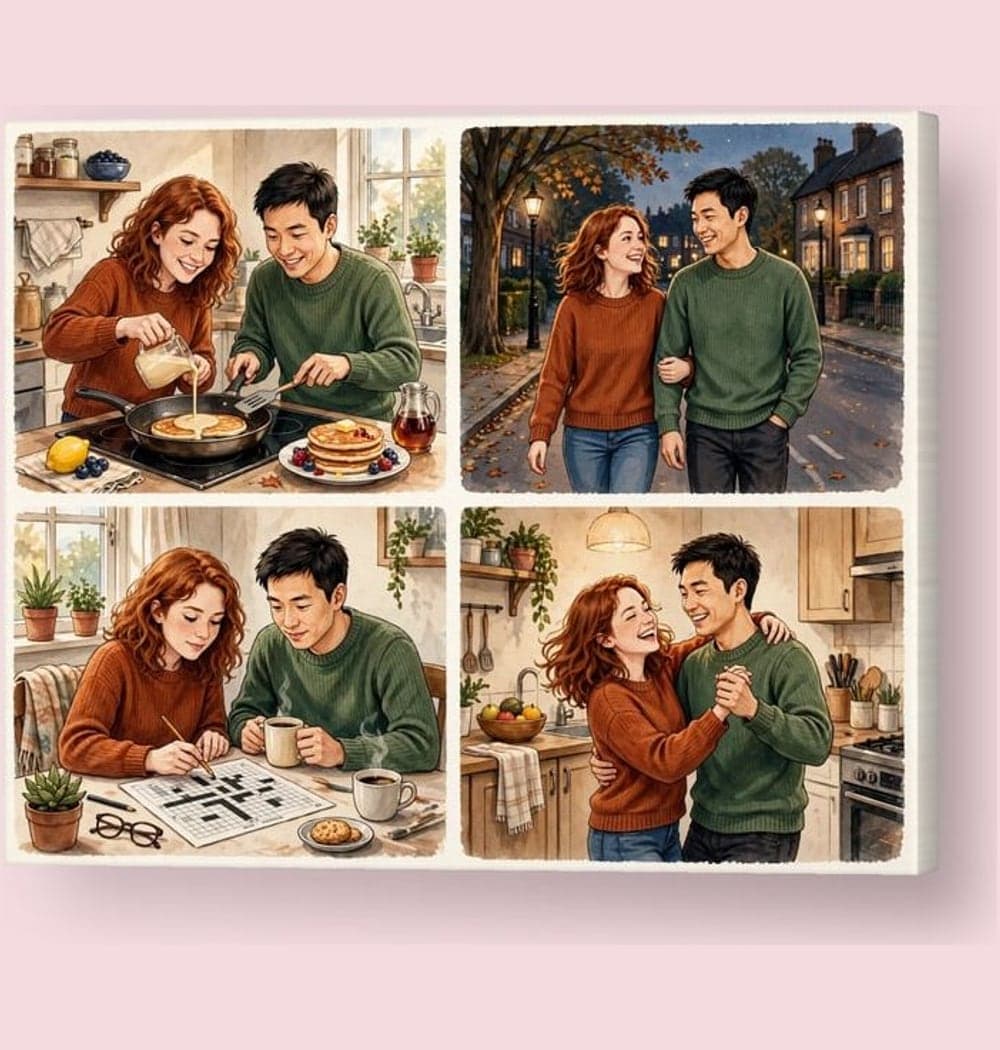 Four coordinated illustrated vignettes of the favorite shared routines, using the descriptions and photos, on a canvas (example made with AI)