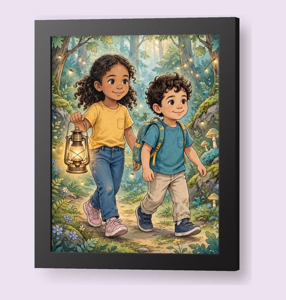 The two children in the photos as a friendly original adventure duo exploring a magical woodland, on a framed print (example made with AI)