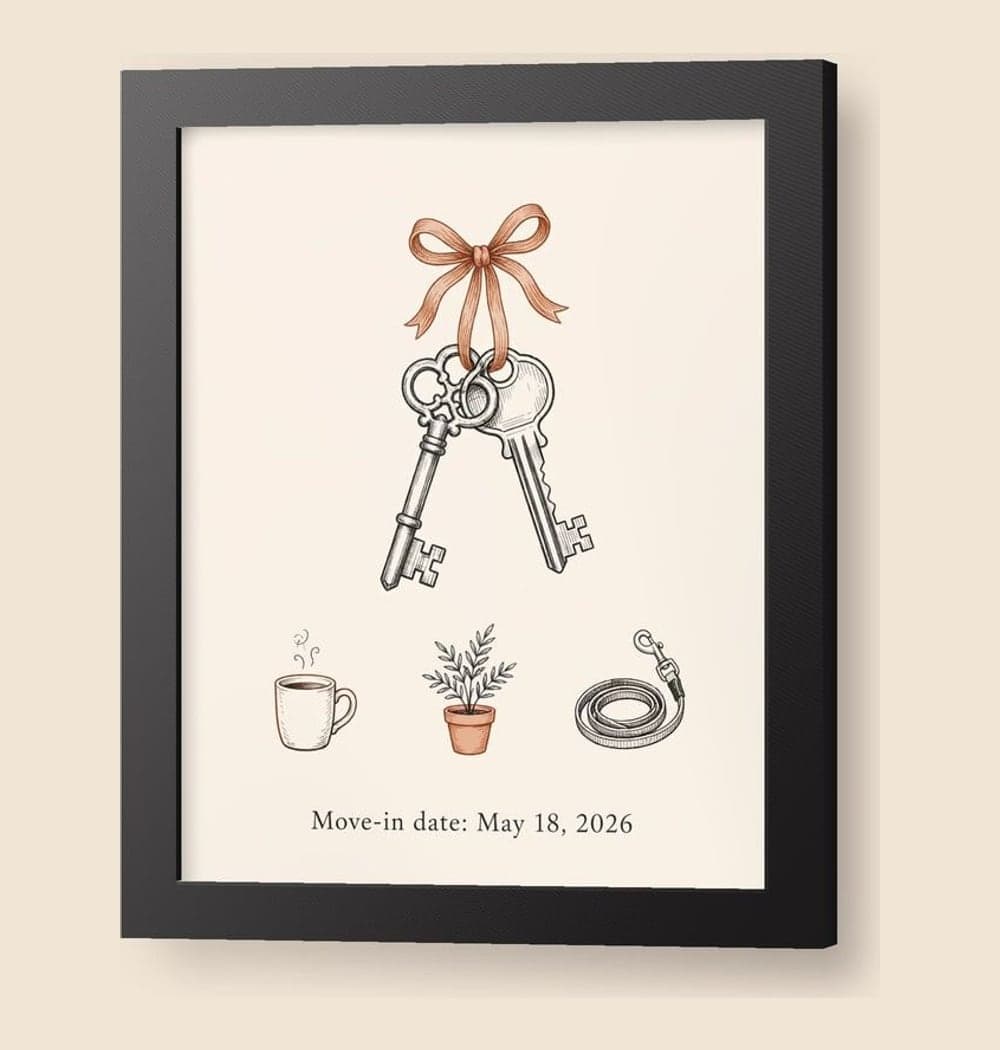 A minimalist illustration of two keys tied together with a ribbon, surrounded by small symbols of the new home life, on a framed print (example made with AI)