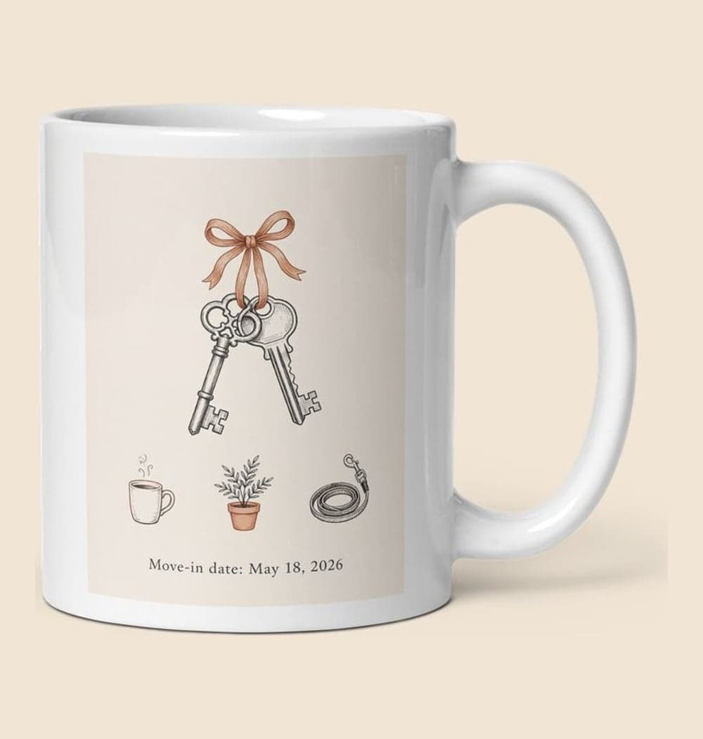 A minimalist illustration of two keys tied together with a ribbon, surrounded by small symbols of the new home life, on a mug (example made with AI)