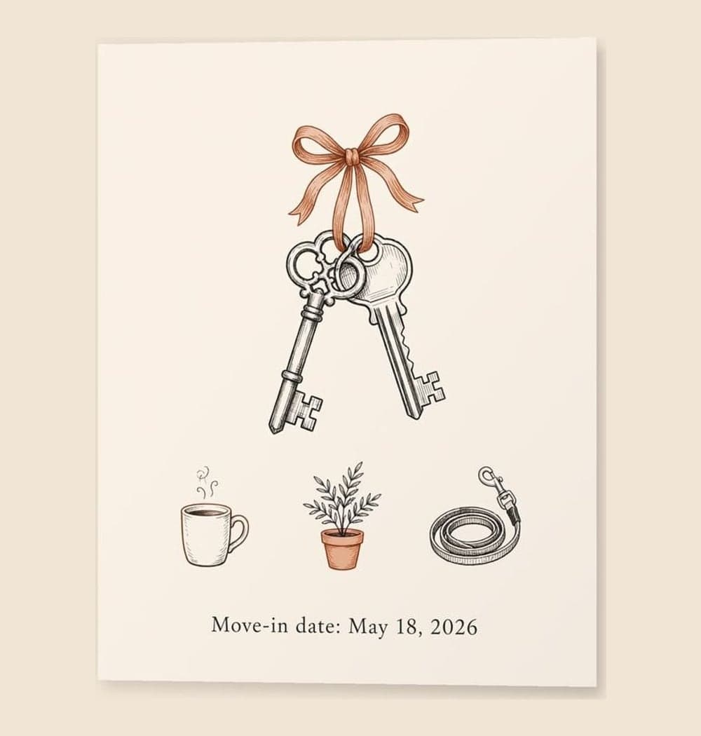 A minimalist illustration of two keys tied together with a ribbon, surrounded by small symbols of the new home life, on a matte poster (example made with AI)