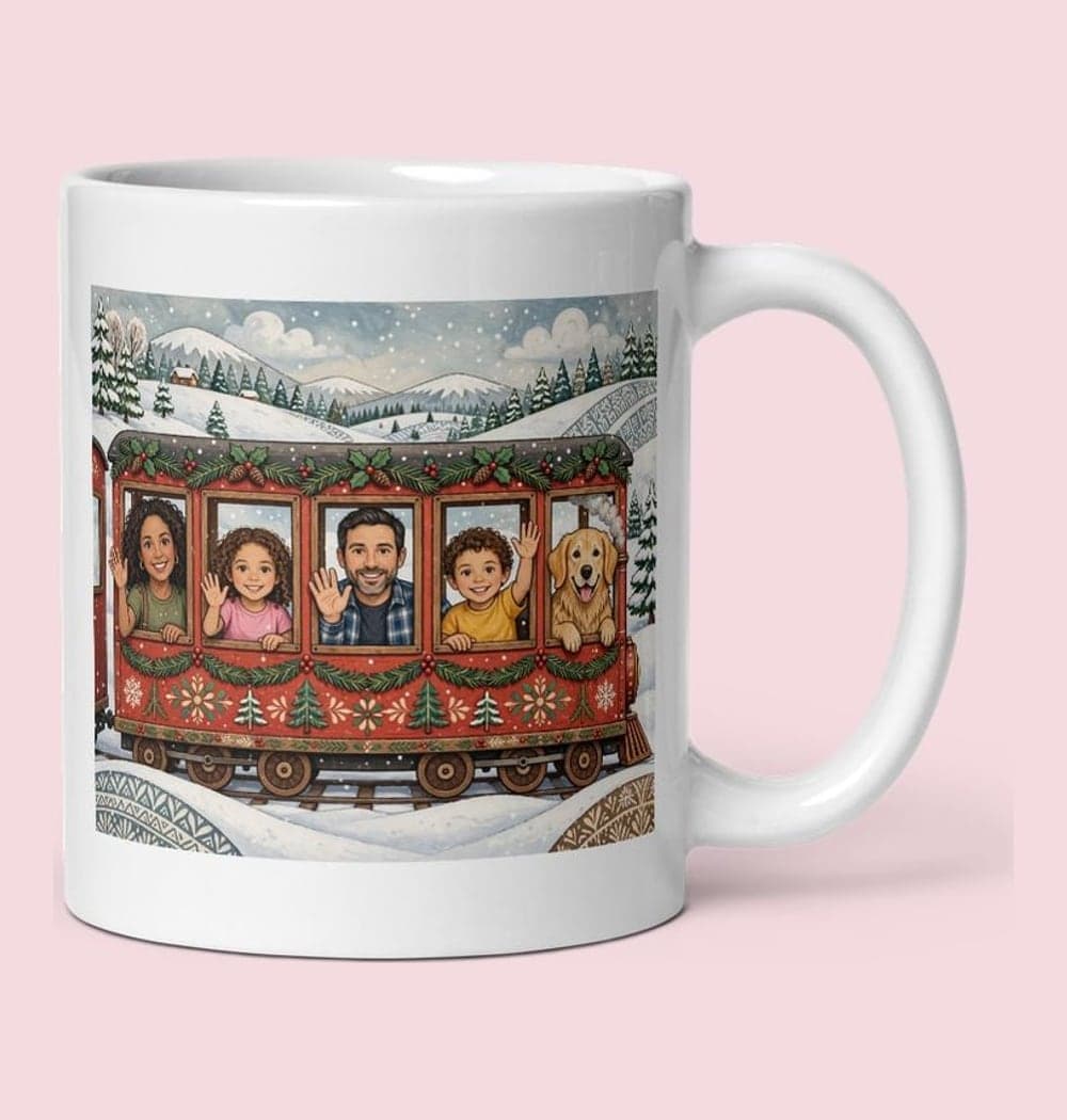 The family waving from the windows of a festive miniature train traveling through snowy hills, on a mug (example made with AI)