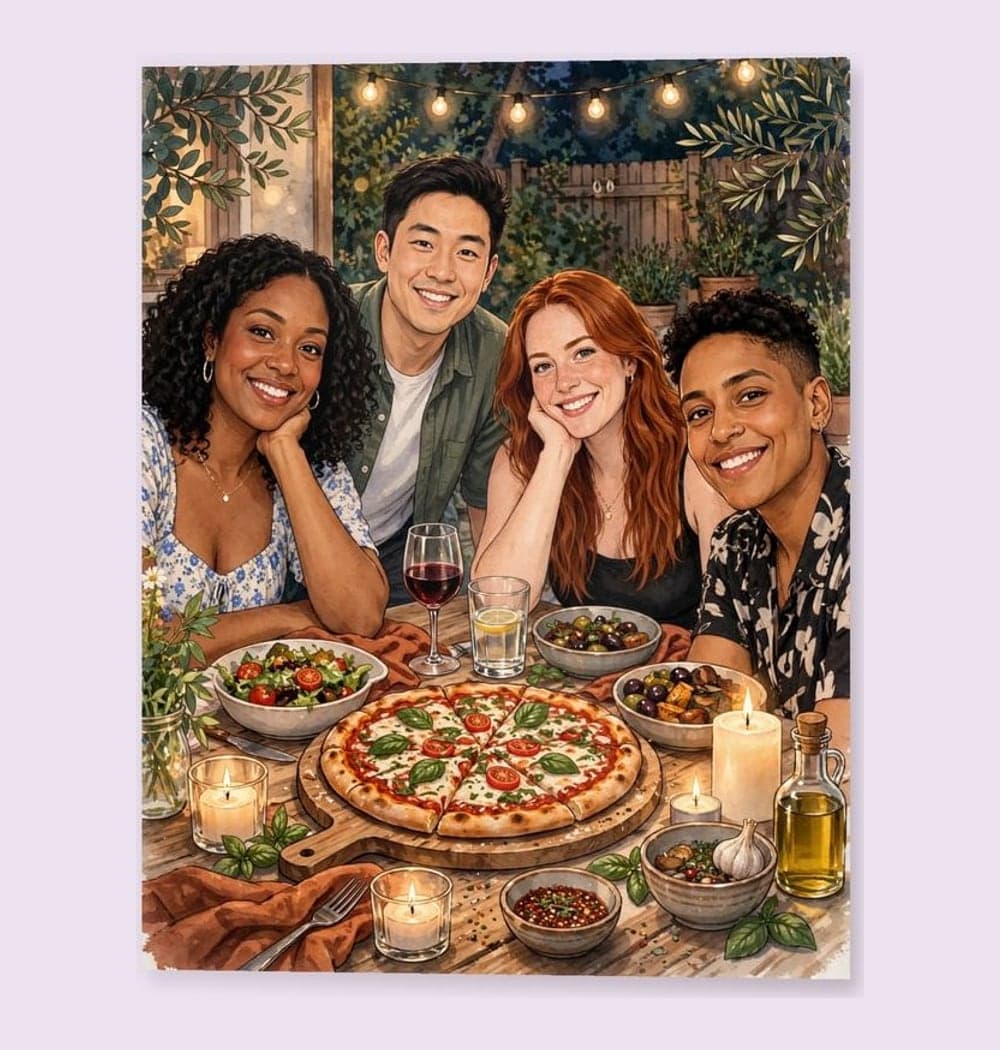A warm group portrait of the friends gathered around a shared dinner table, using the supplied photos, on a photo print (example made with AI)