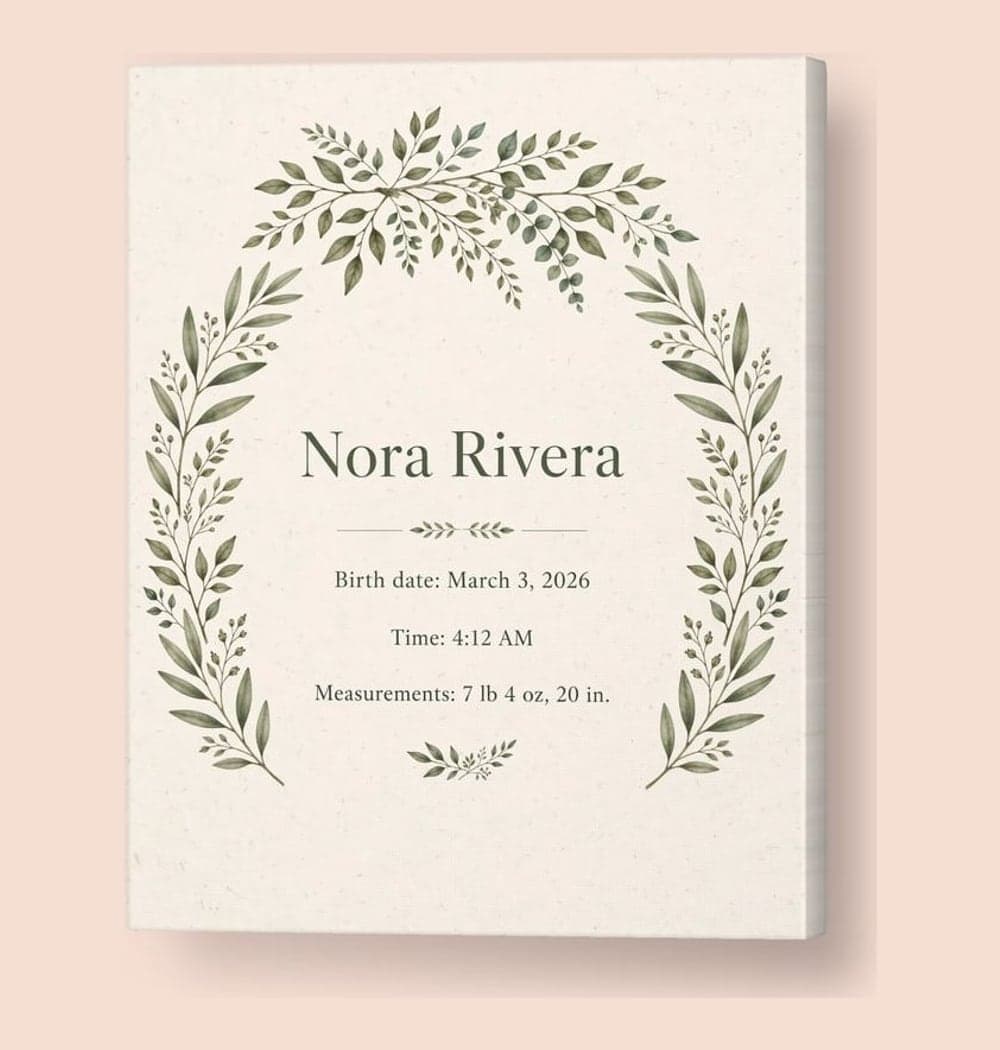 A refined botanical birth announcement with a small leafy branch framing the exact supplied baby name, birth date, time, and measurements, on a canvas (example made with AI)