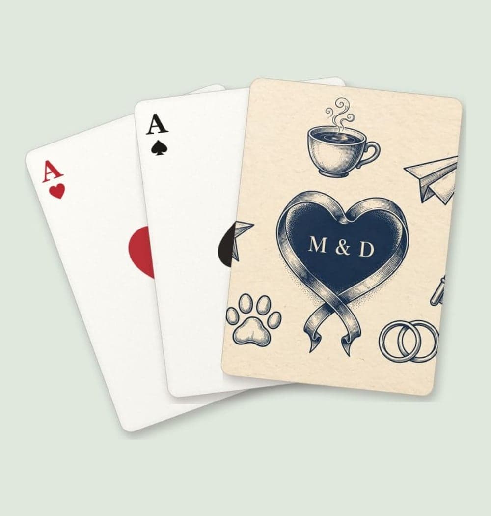 An elegant composition of six illustrated symbols representing the important chapters of the relationship, on playing cards (example made with AI)