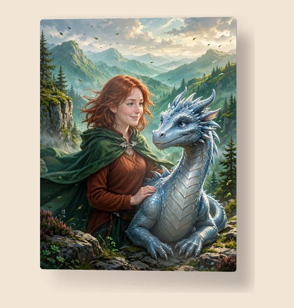 A friendly dragon rider standing beside an original, gentle dragon on a windswept cliff, on a metal print (example made with AI)