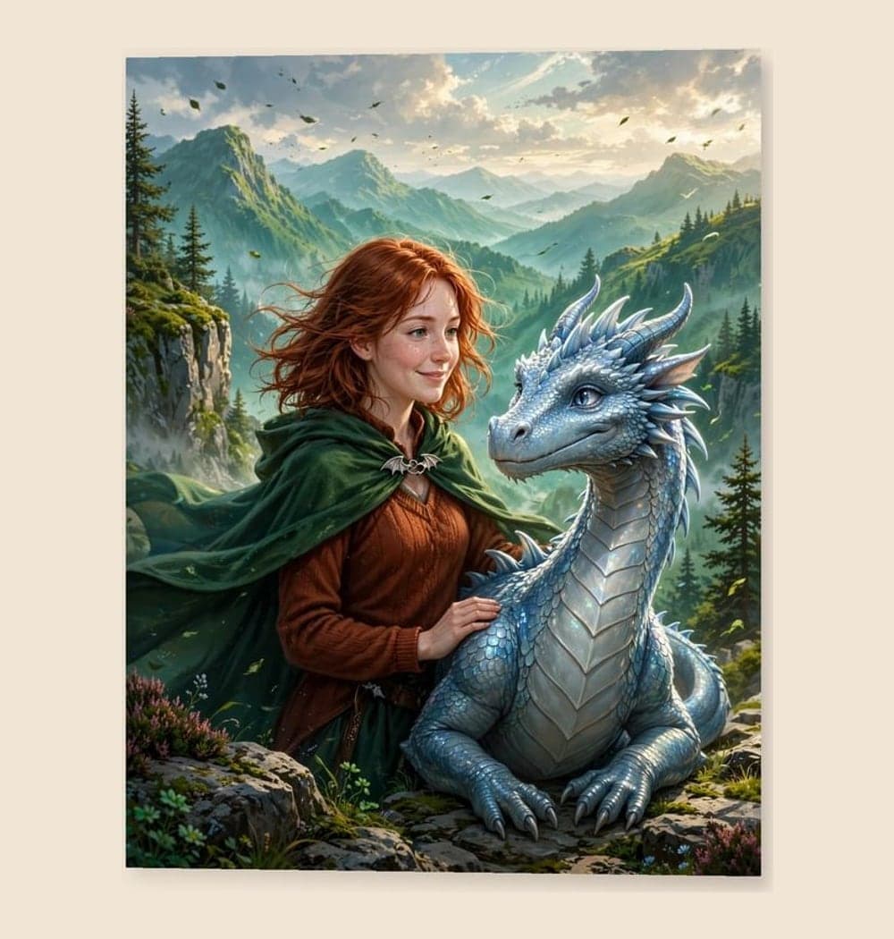 A friendly dragon rider standing beside an original, gentle dragon on a windswept cliff, on a matte poster (example made with AI)