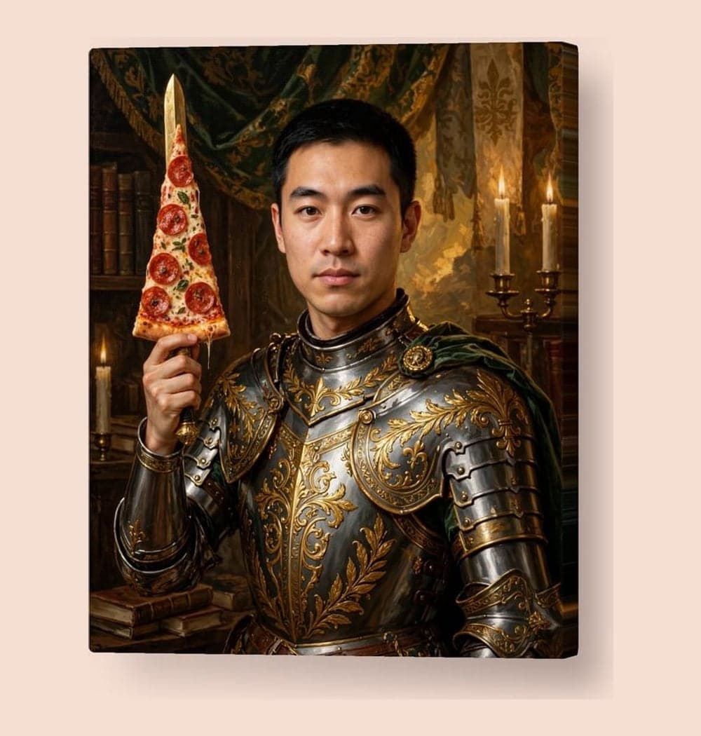 A noble knight holding a pizza slice like a ceremonial sword, on a canvas (example made with AI)