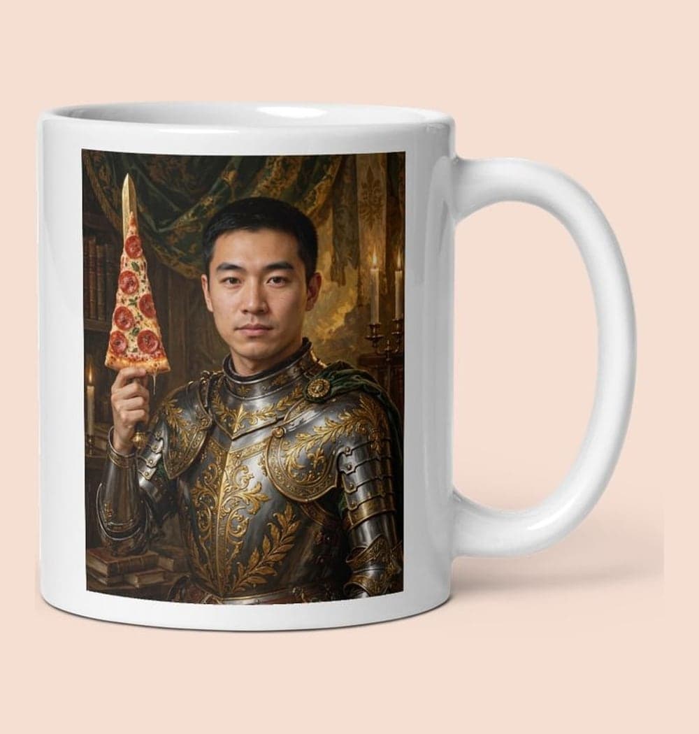 A noble knight holding a pizza slice like a ceremonial sword, on a mug (example made with AI)