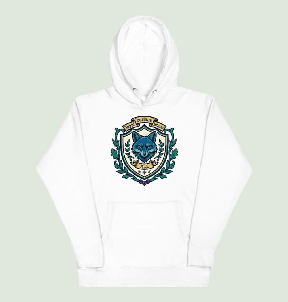 An original fantasy guild crest based on the three chosen traits, favorite animal, and initials, on a hoodie (example made with AI)
