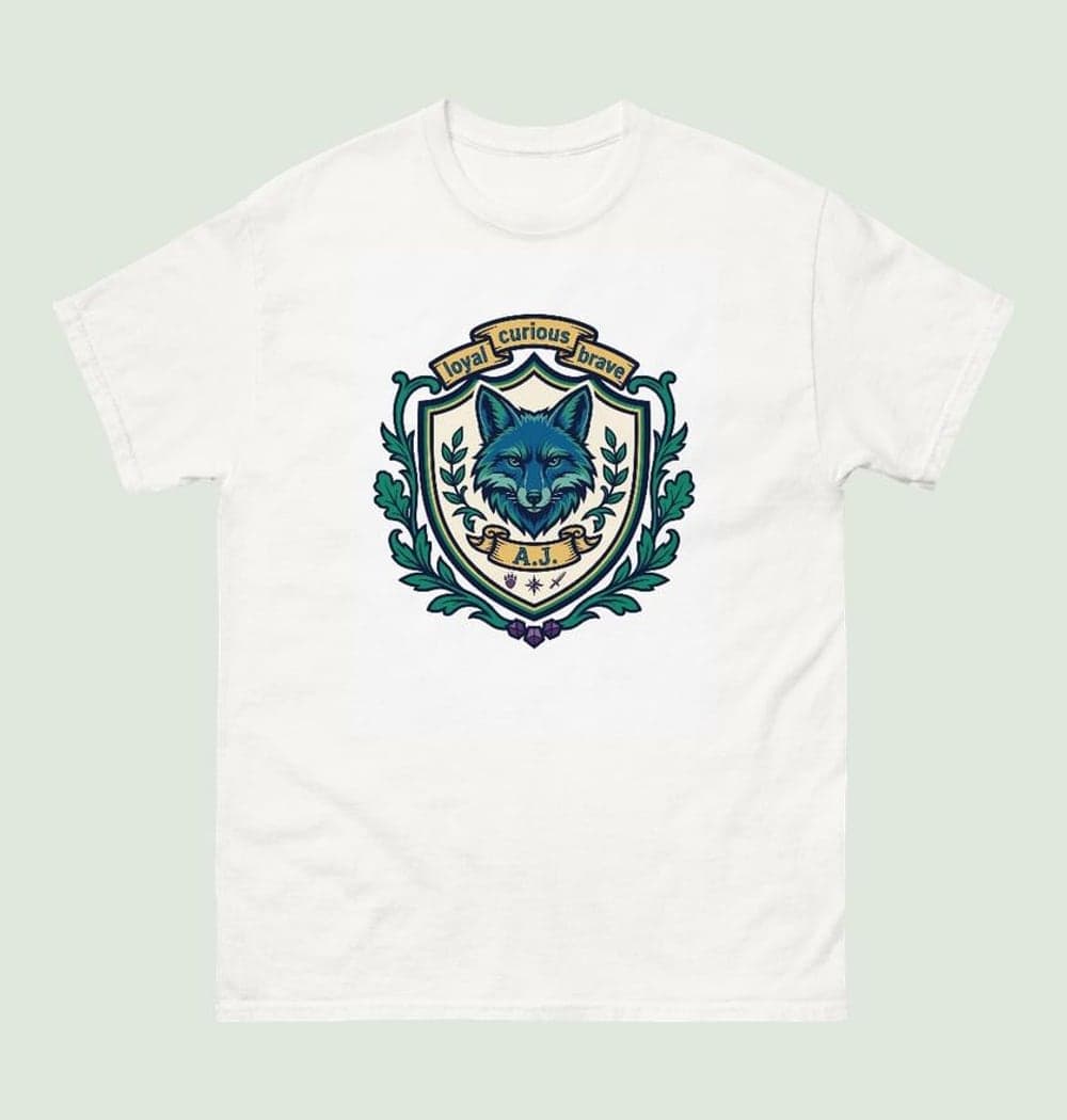 An original fantasy guild crest based on the three chosen traits, favorite animal, and initials, on a t-shirt (example made with AI)