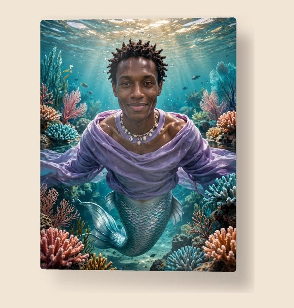 The person in the photo as an original mermaid or merman exploring a luminous coral garden, on a metal print (example made with AI)
