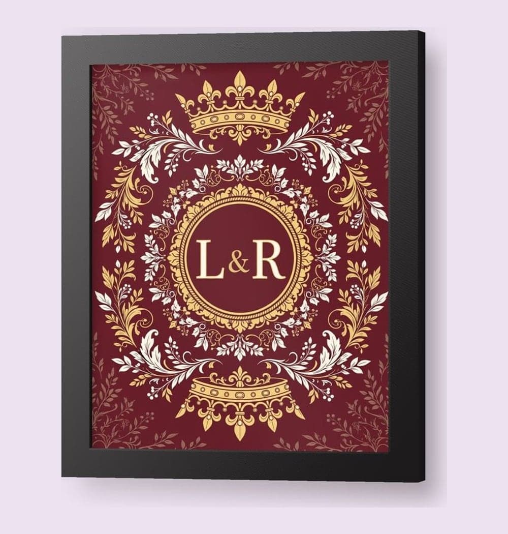 An original, rotationally symmetric fantasy crest with two mirrored crowns, decorative foliage, and the initials at the center, on a framed print (example made with AI)