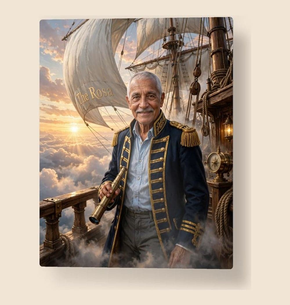 The person in the photo as the captain of an original flying ship sailing above clouds, on a metal print (example made with AI)