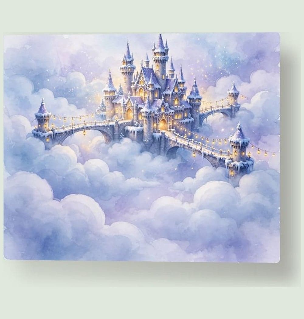 A luminous winter castle floating above soft clouds, with glowing windows, snowy bridges, and tiny festive lanterns, on a metal print (example made with AI)