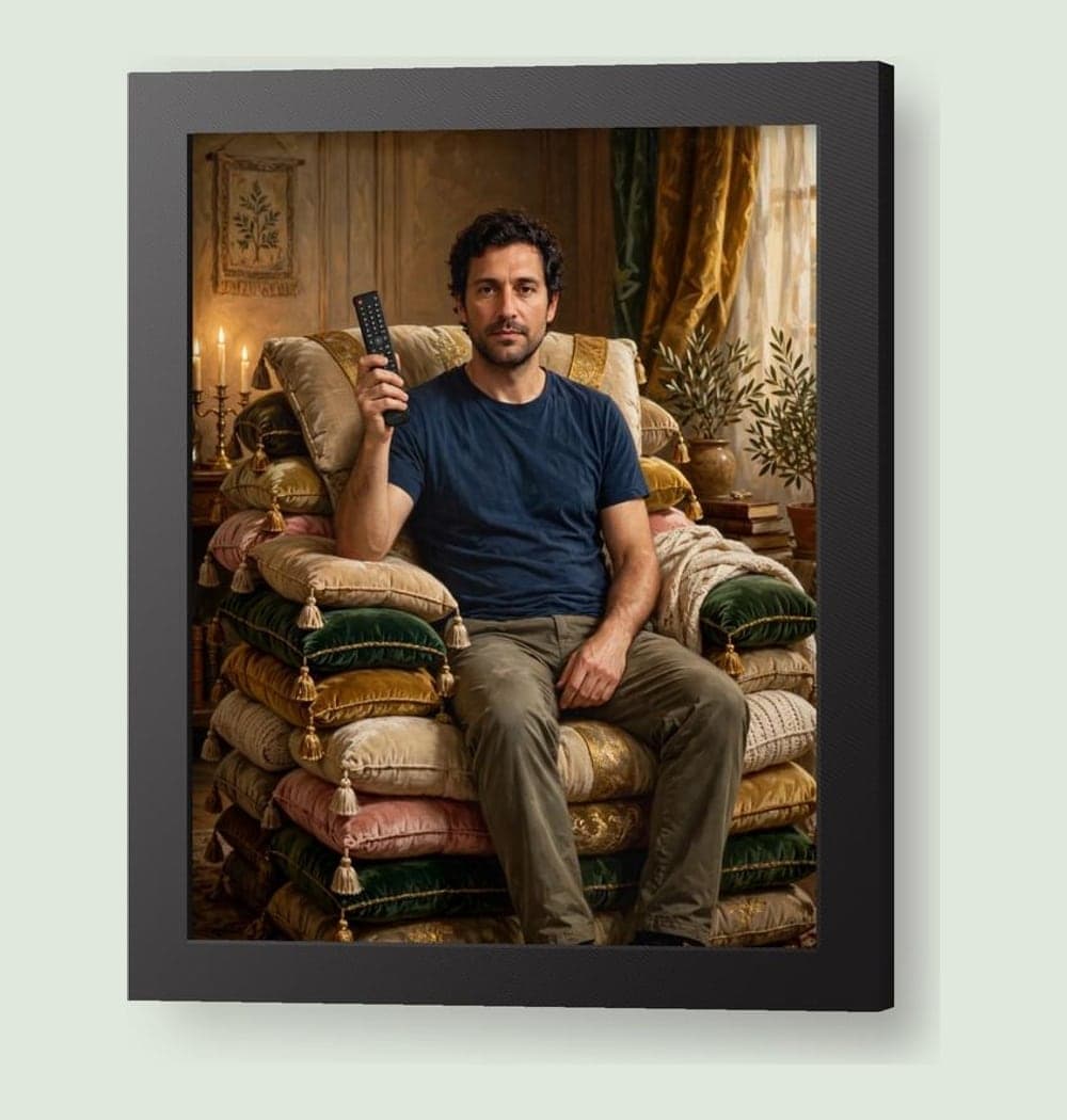 A solemn ruler seated on a throne of sofa cushions, holding a television remote like a scepter, on a framed print (example made with AI)