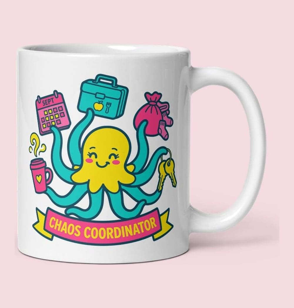 An original cartoon of a cheerful octopus juggling a calendar, laundry, a lunchbox, keys, and coffee, on a mug (example made with AI)