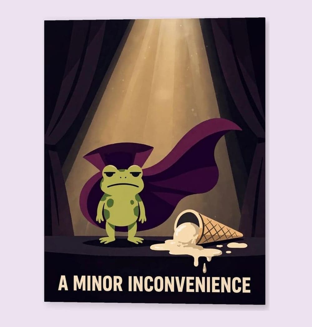 A tiny frog in a sweeping theatrical cape, standing under a spotlight beside a dropped ice-cream cone, on a matte poster (example made with AI)