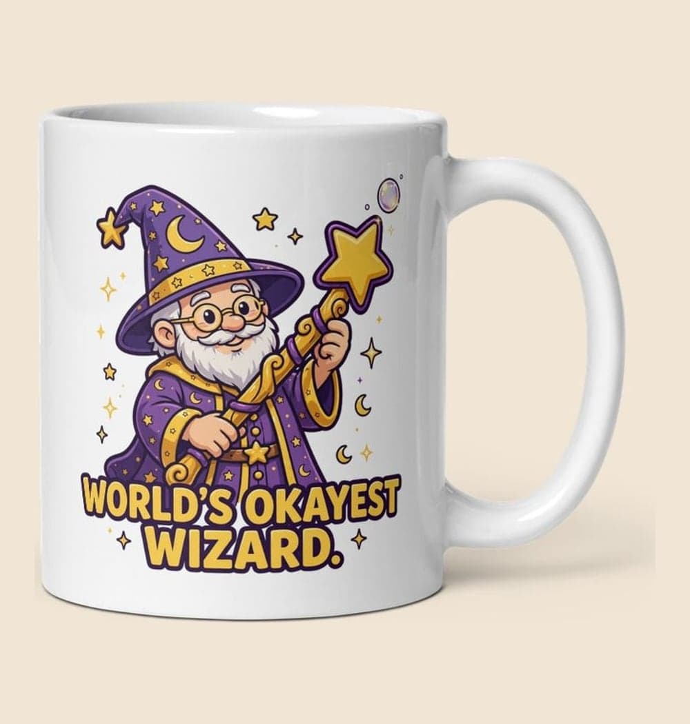 An original cartoon wizard proudly conjuring one tiny soap bubble from an oversized wand, on a mug (example made with AI)
