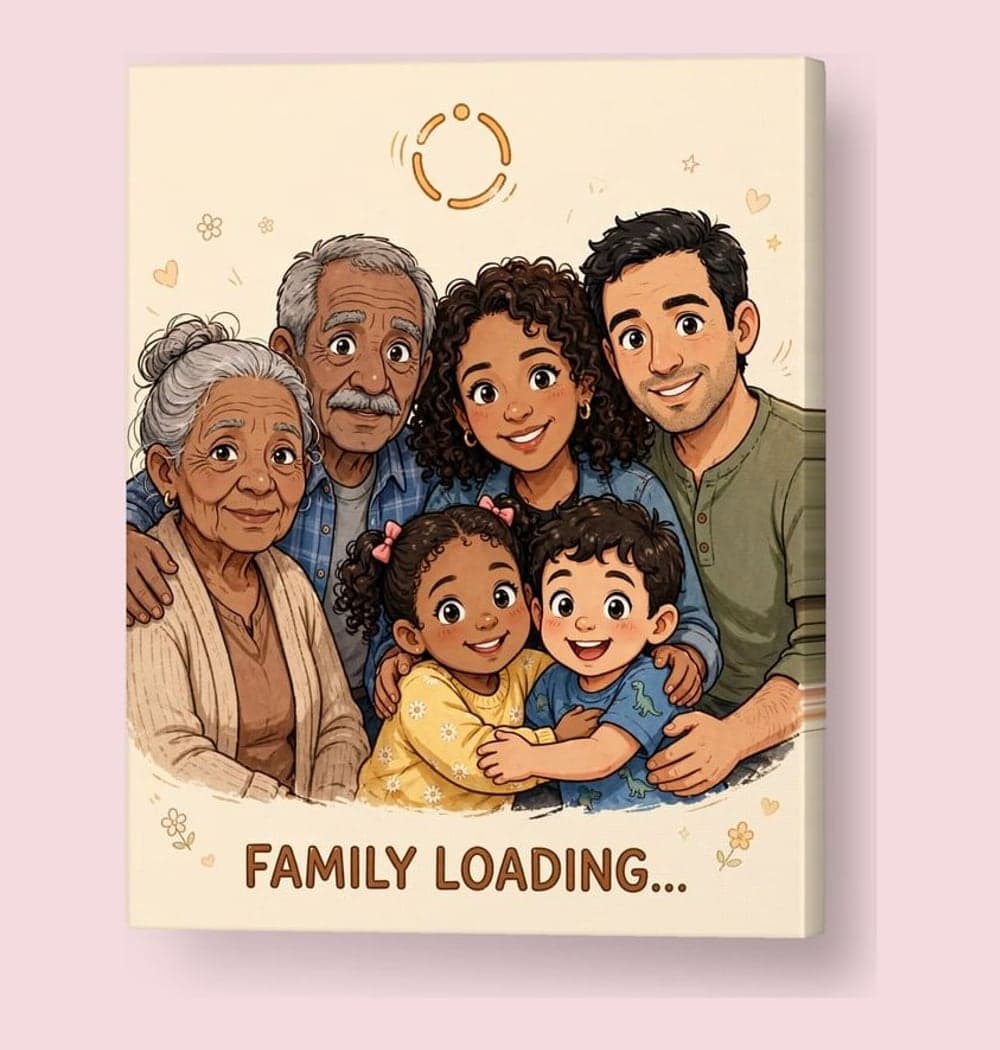 A funny illustrated family portrait with everyone frozen in an awkward but affectionate pose and one simple loading circle above the group, on a canvas (example made with AI)