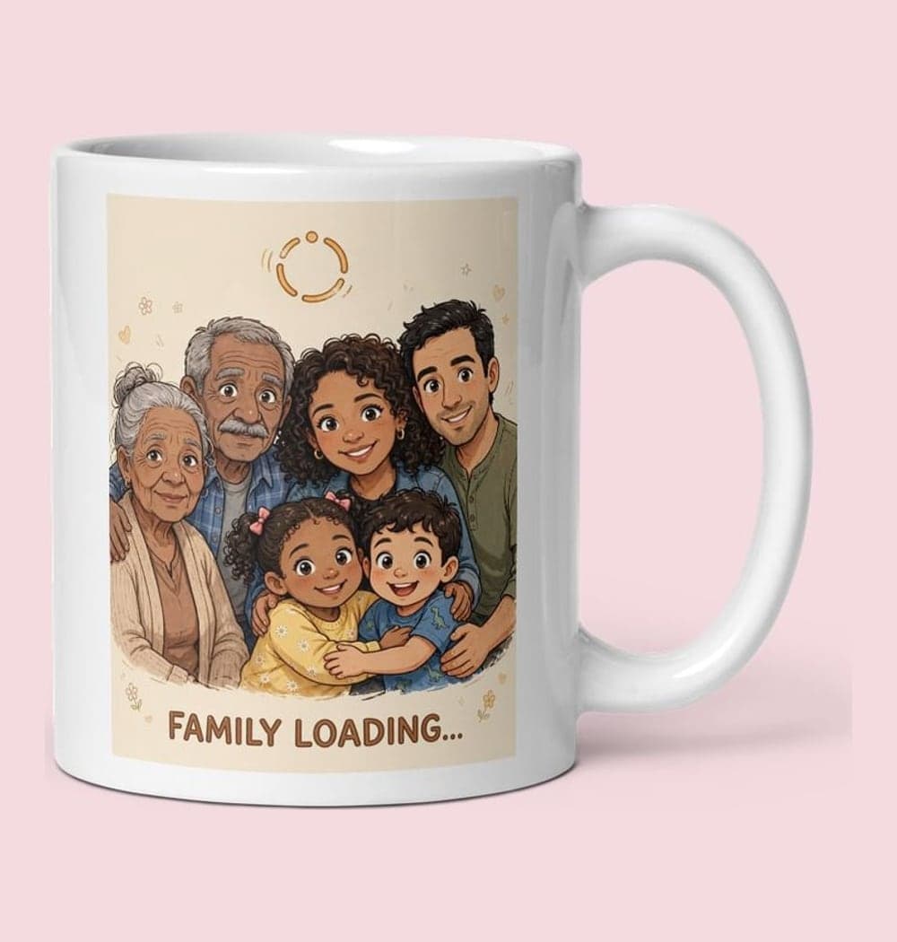 A funny illustrated family portrait with everyone frozen in an awkward but affectionate pose and one simple loading circle above the group, on a mug (example made with AI)