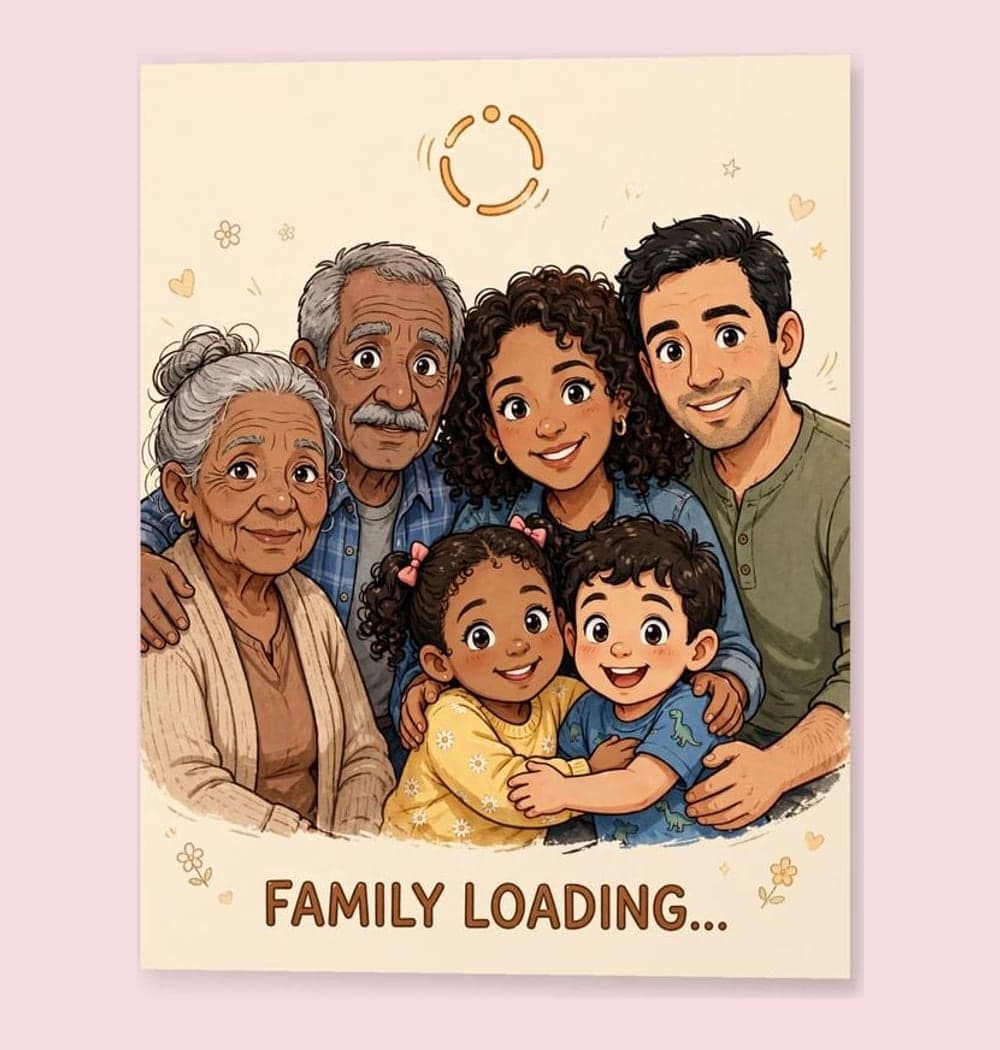 A funny illustrated family portrait with everyone frozen in an awkward but affectionate pose and one simple loading circle above the group, on a matte poster (example made with AI)