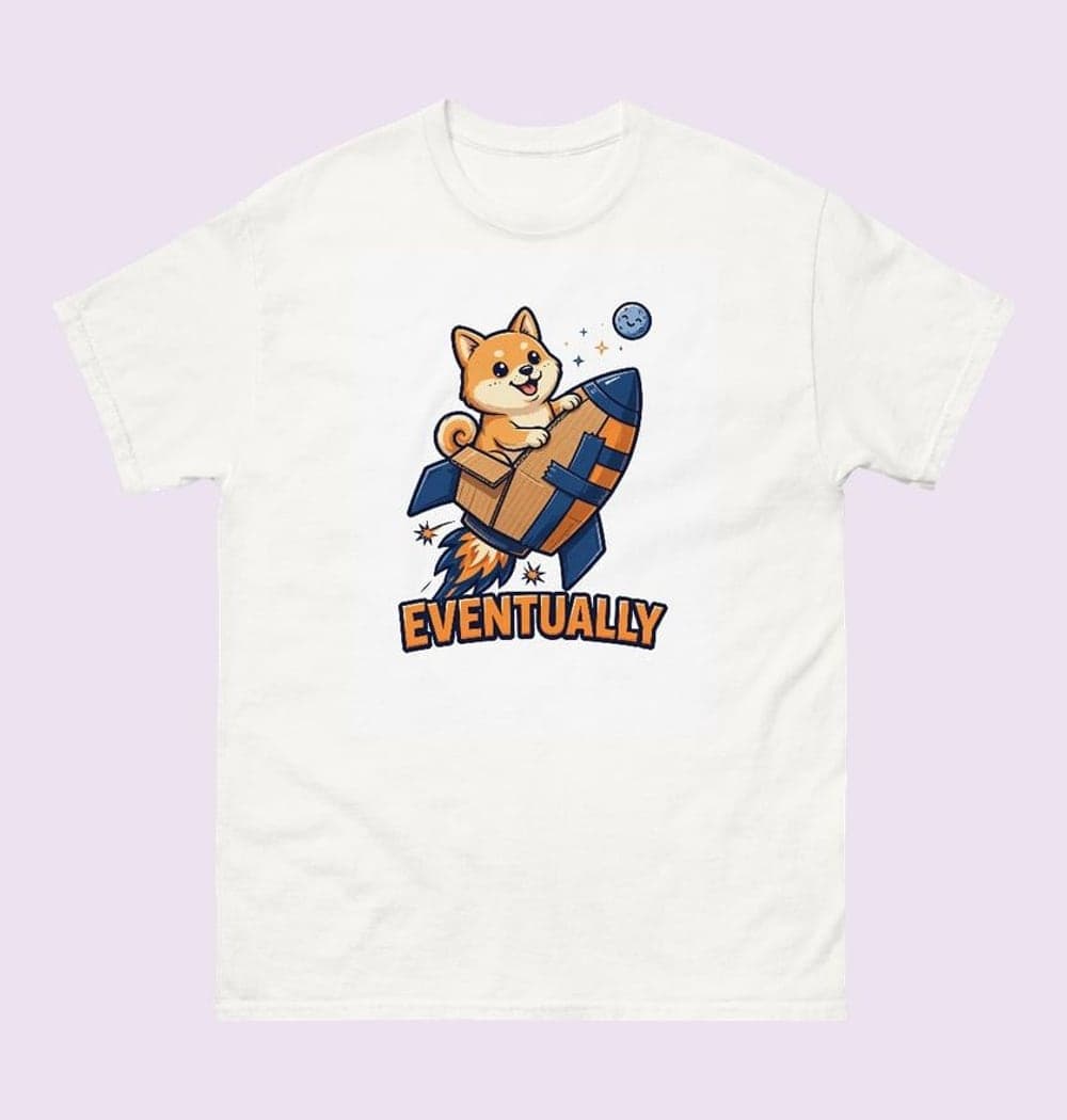 An original cheerful shiba-like dog riding a homemade cardboard rocket toward a tiny moon, on a t-shirt (example made with AI)