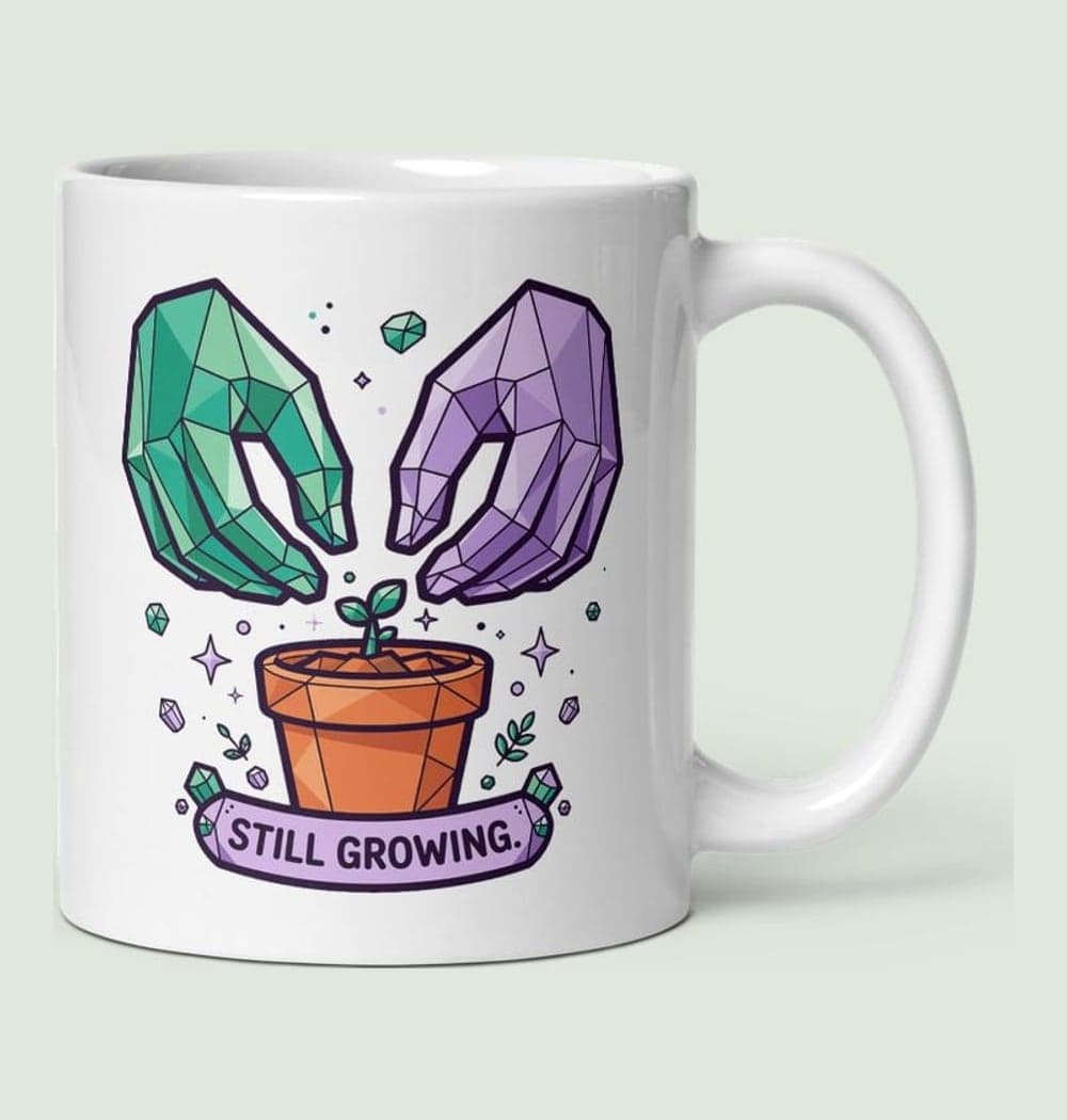 Two stylized crystalline hands patiently tending a tiny sprout in a terracotta pot, on a mug (example made with AI)