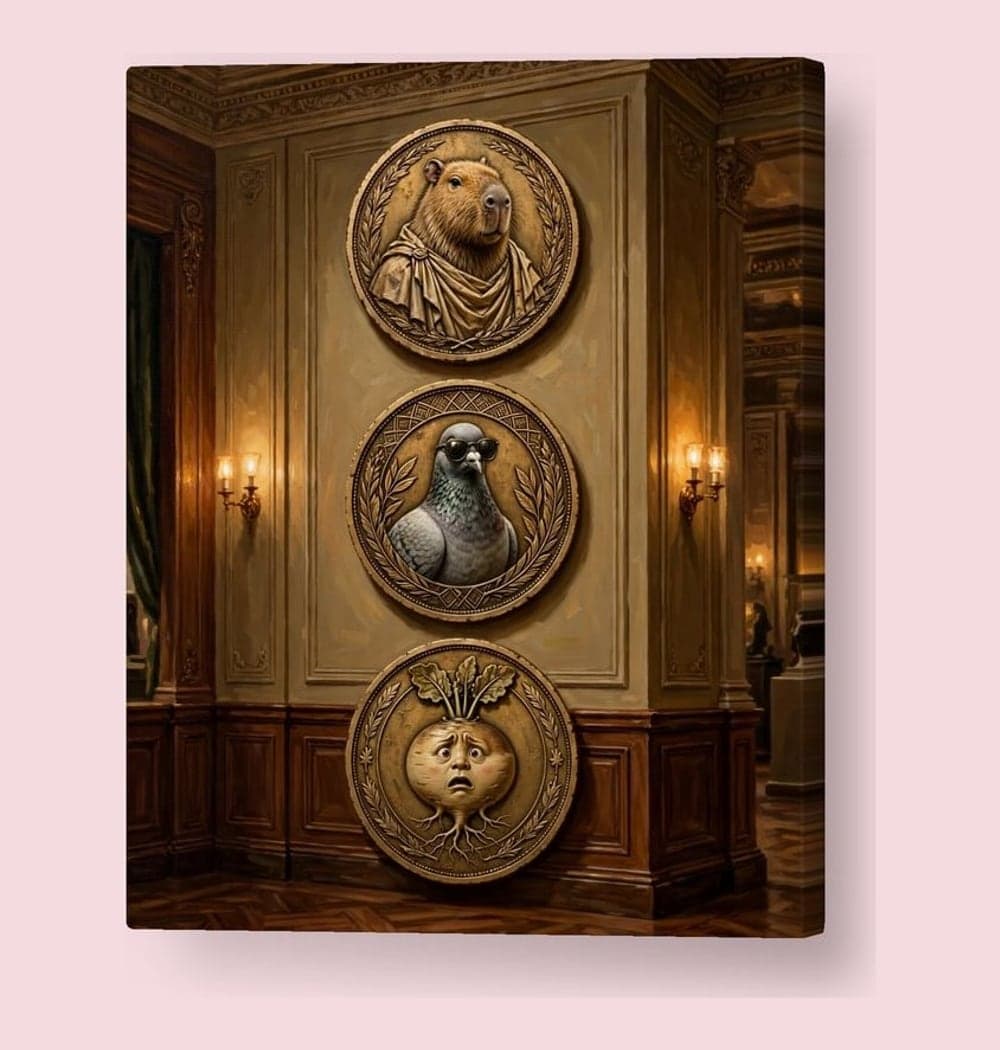An elegant imaginary museum interior displaying absurd original coin portraits: a capybara in a robe, a pigeon in sunglasses, and a bewildered turnip, on a canvas (example made with AI)